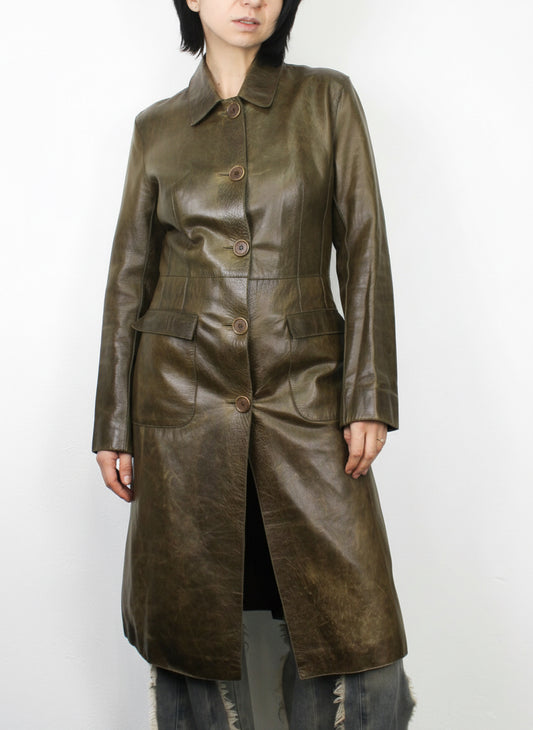 Пальто шкіряне оливкове