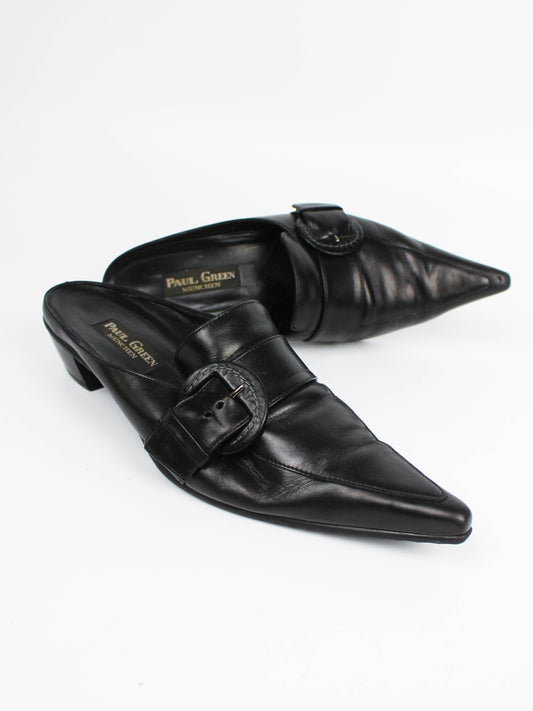 Paul Green Black Leather Buckle Mules
