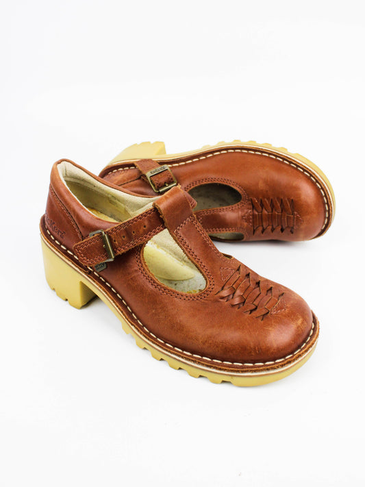 Kickers Brown Leather Mary Jane Platform Shoes
