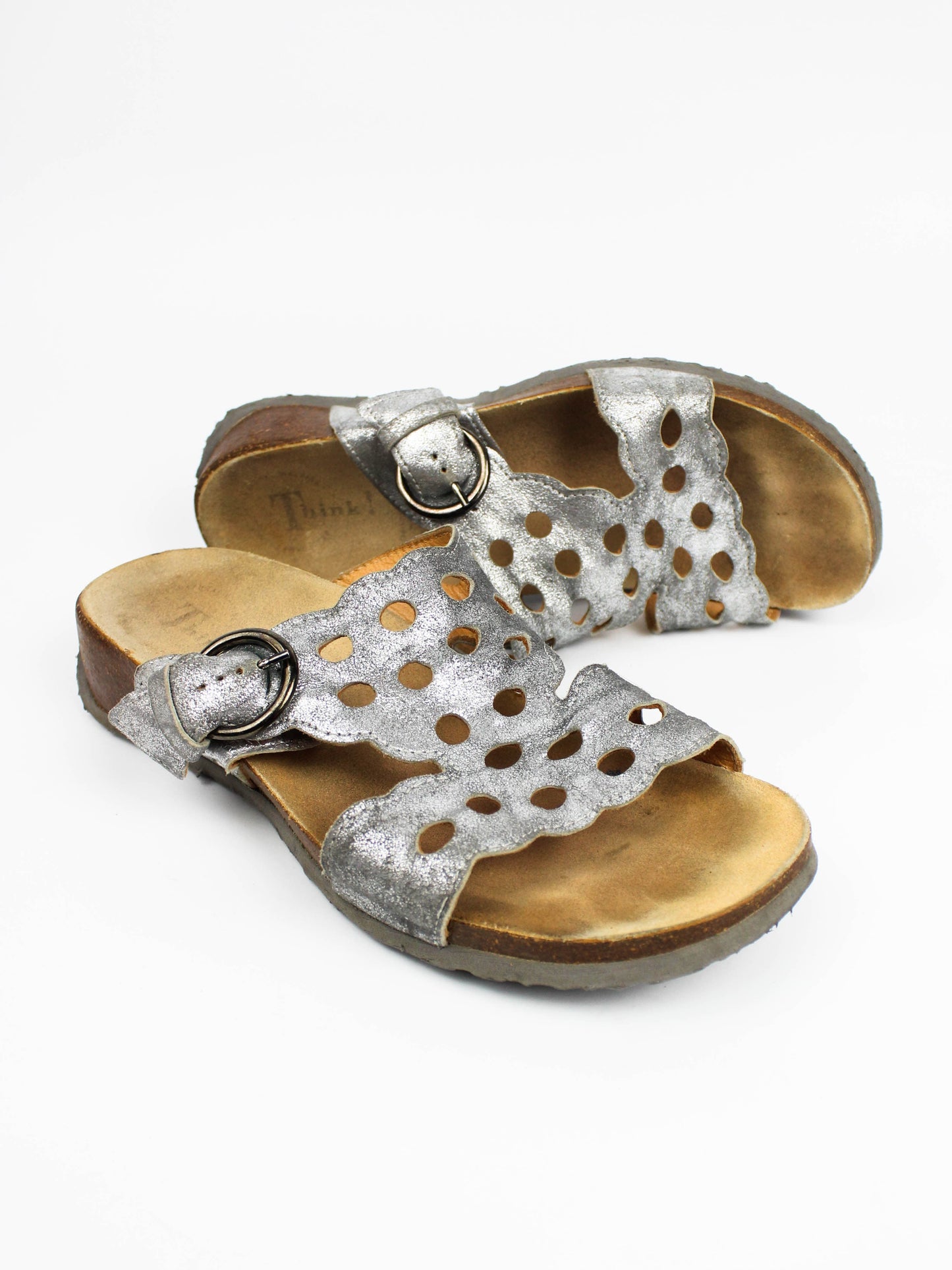 Think! Mizzi Silver Perforated Leather Mules