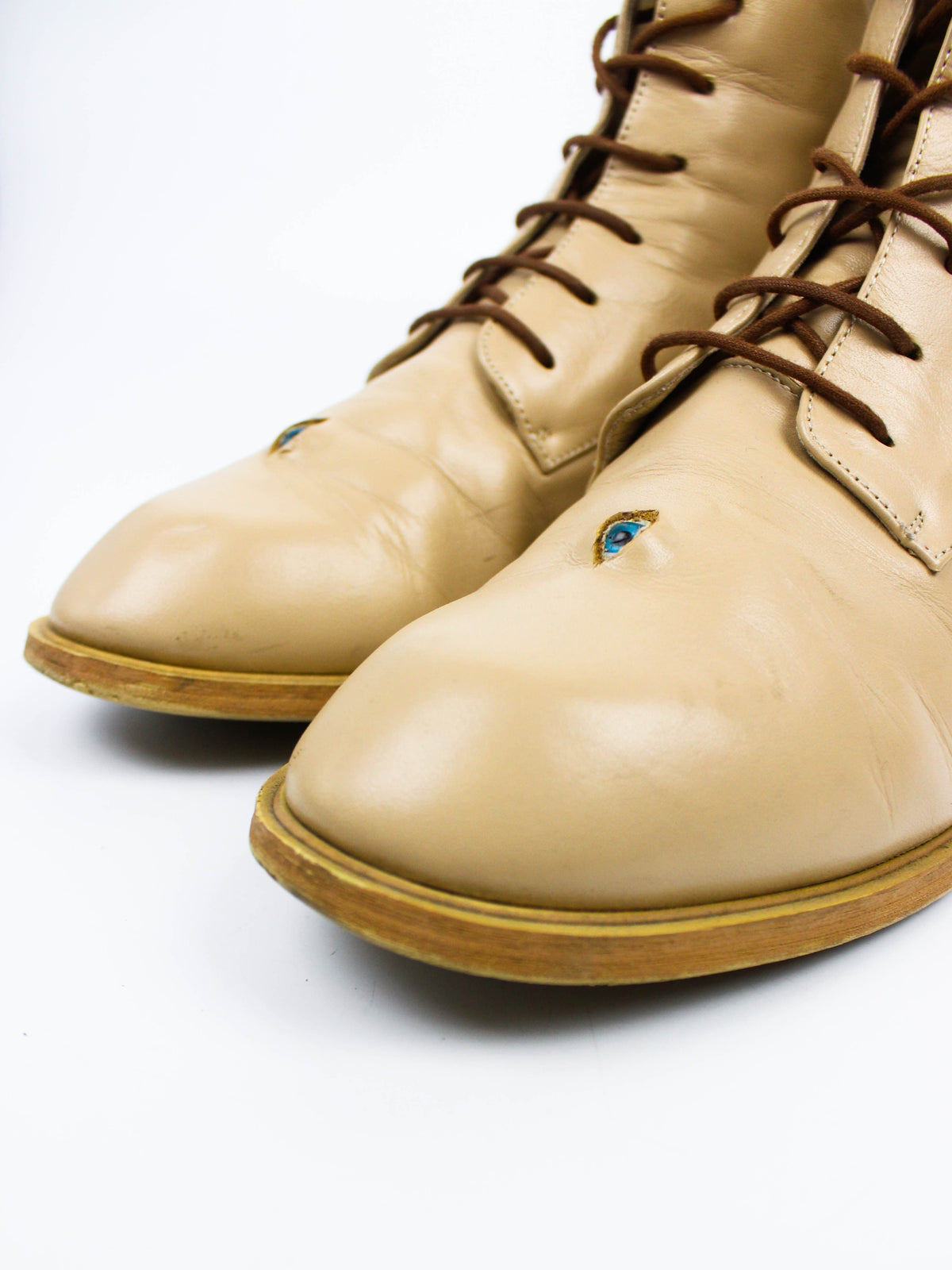 Vintage Cream Leather Boots with Eye Detail