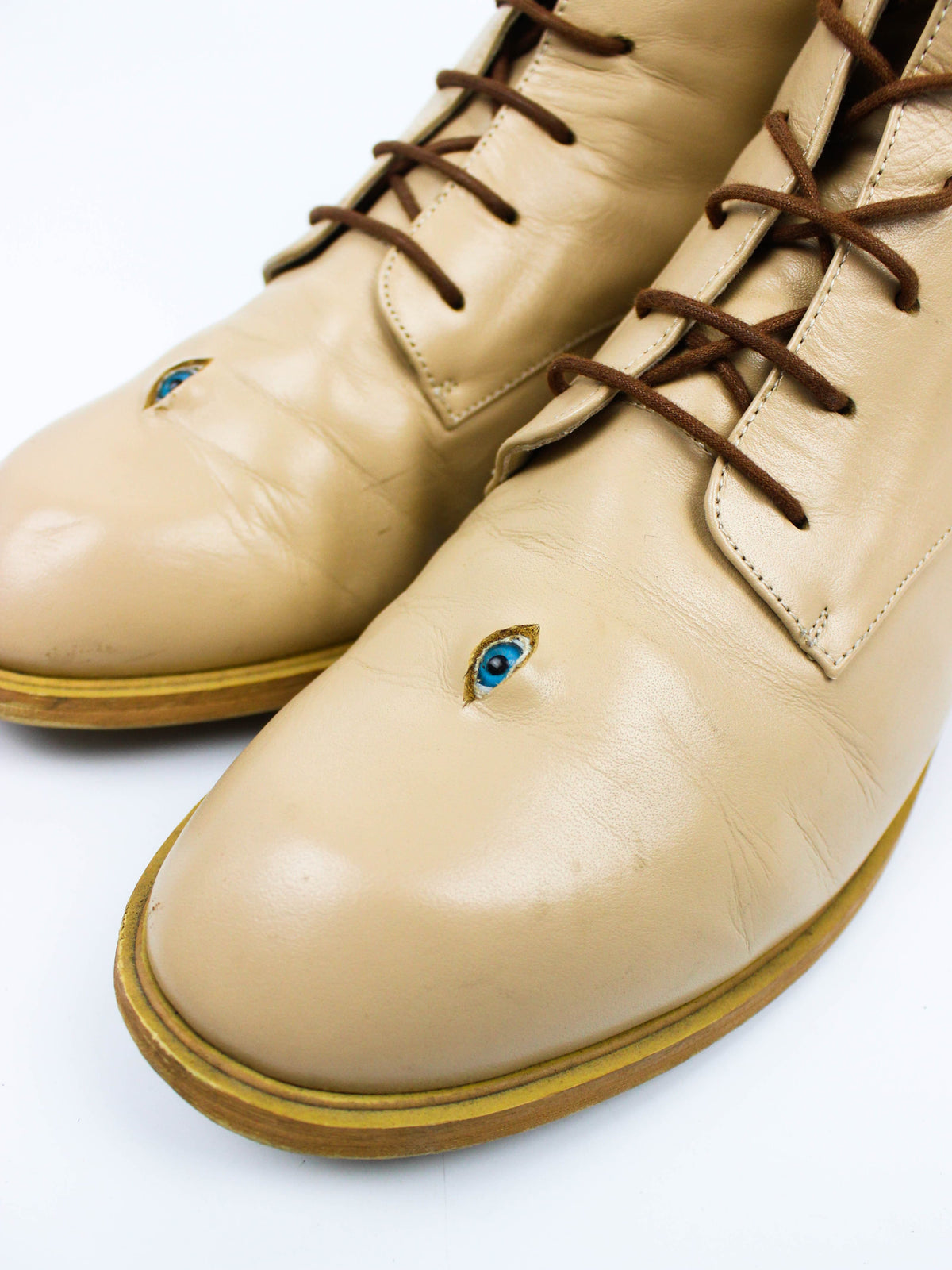 Vintage Cream Leather Boots with Eye Detail