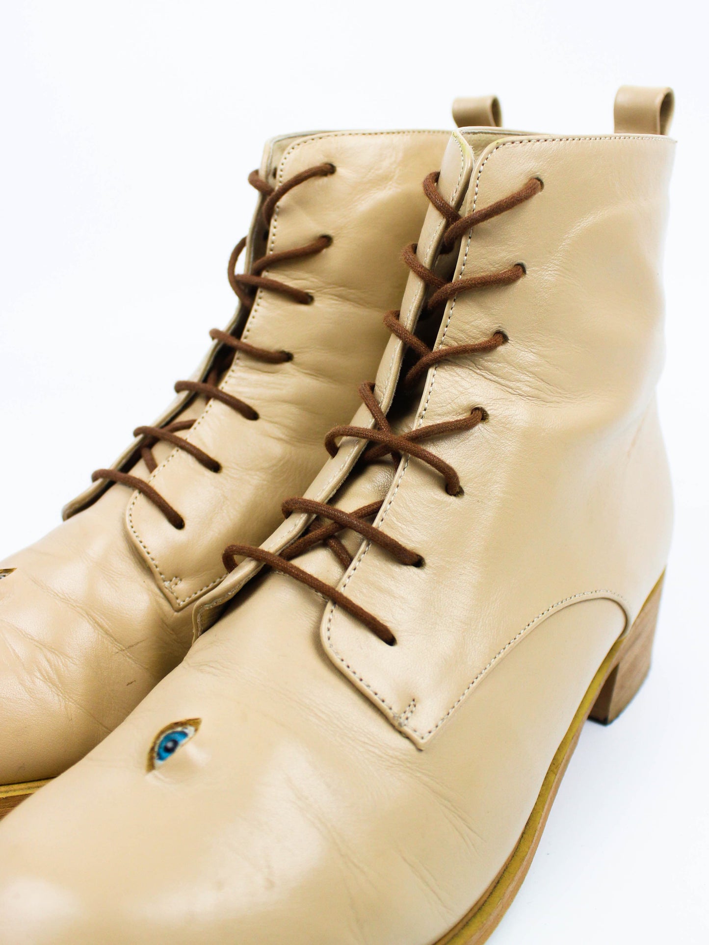 Vintage Cream Leather Boots with Eye Detail
