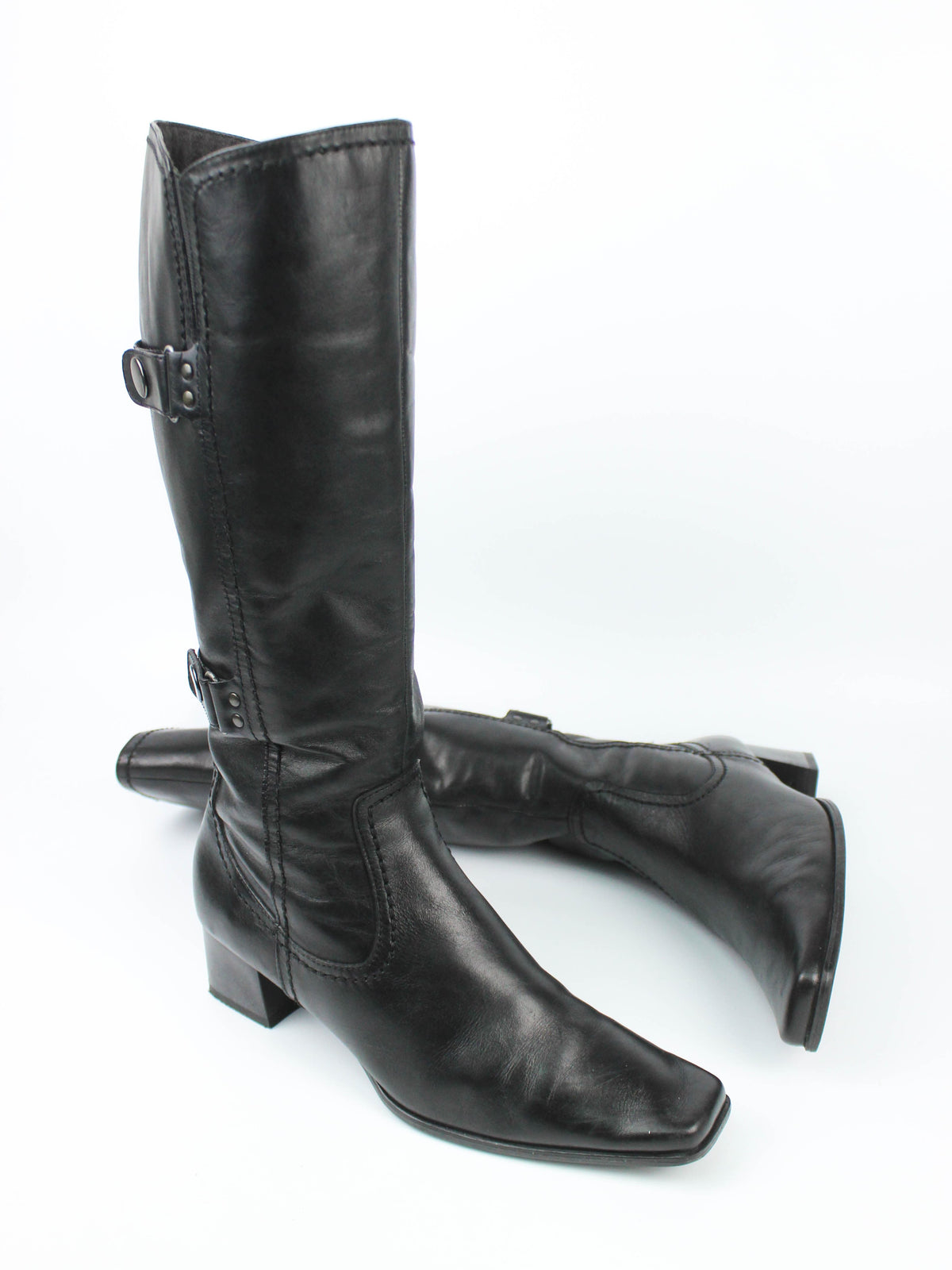 Black Leather Knee-High Boots with Buckle Details