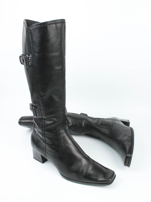 Black Leather Knee-High Boots with Buckle Details
