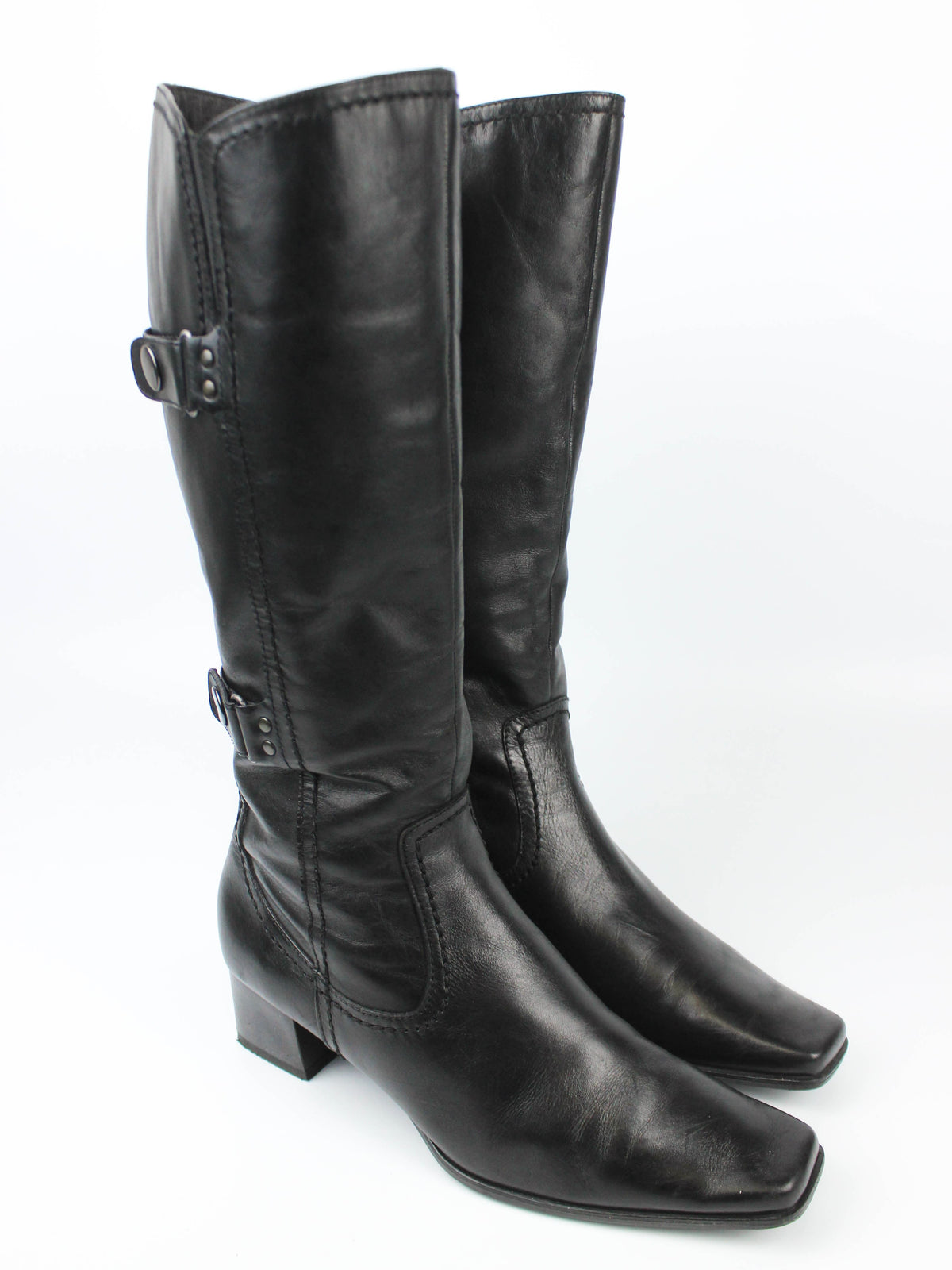 Black Leather Knee-High Boots with Buckle Details