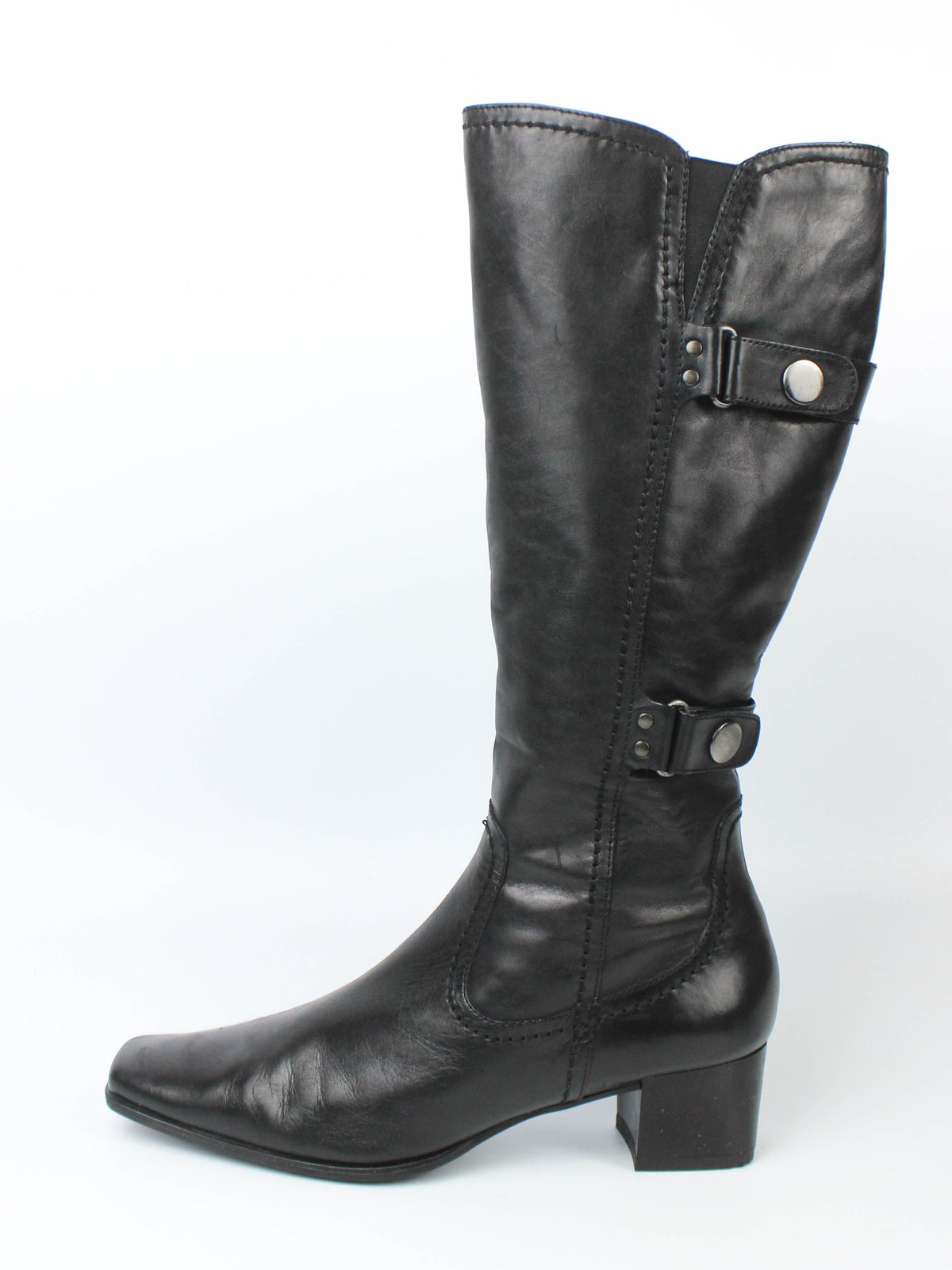 Black Leather Knee-High Boots with Buckle Details