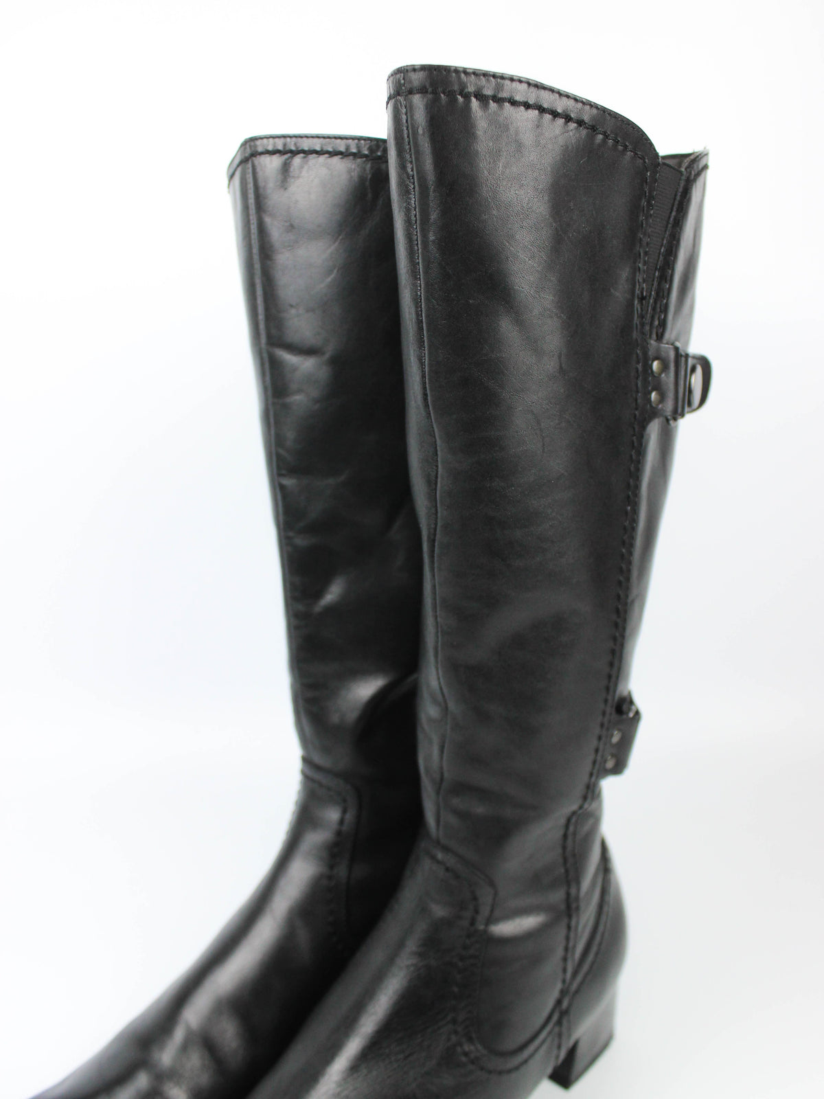 Black Leather Knee-High Boots with Buckle Details
