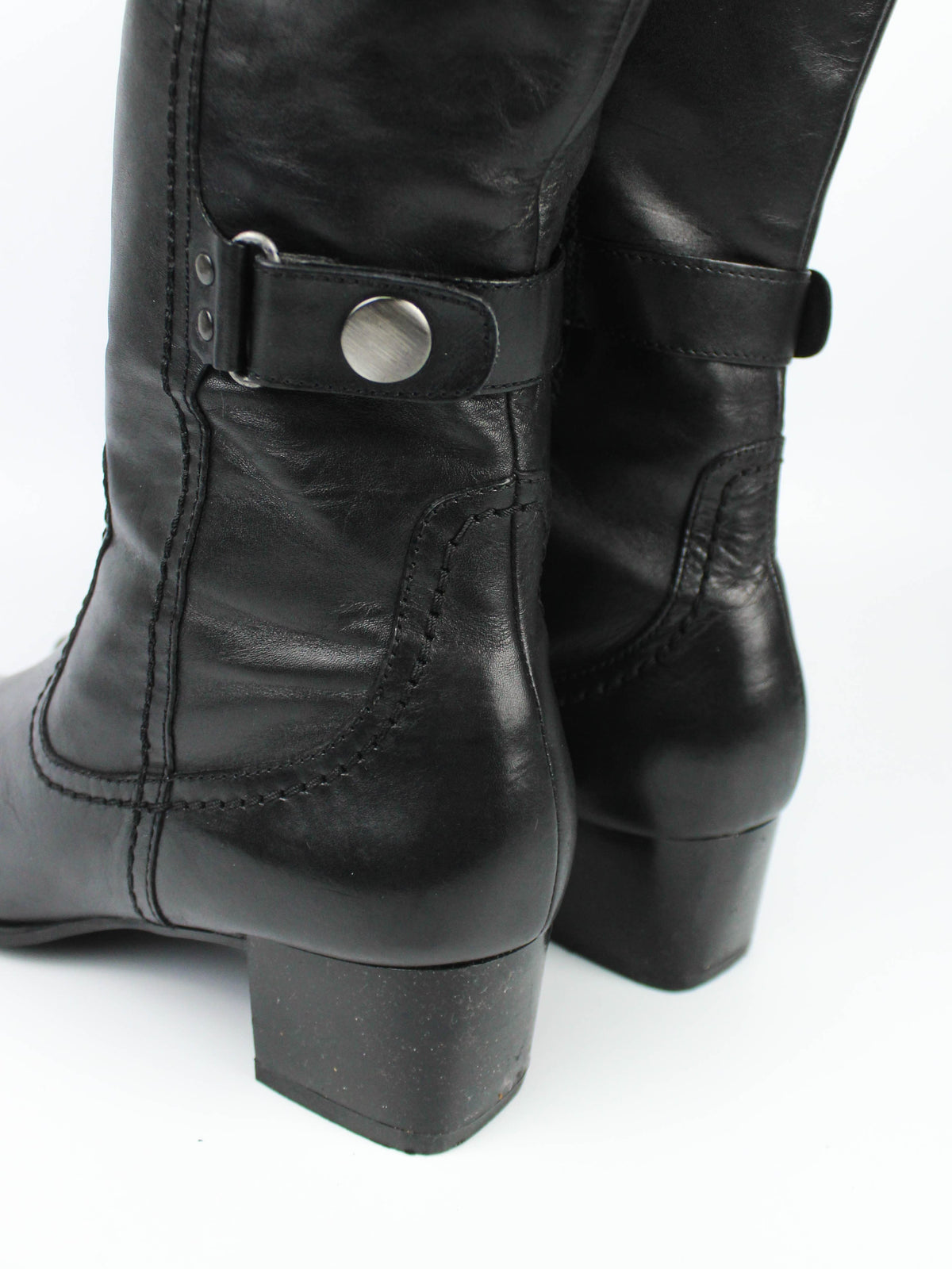 Black Leather Knee-High Boots with Buckle Details