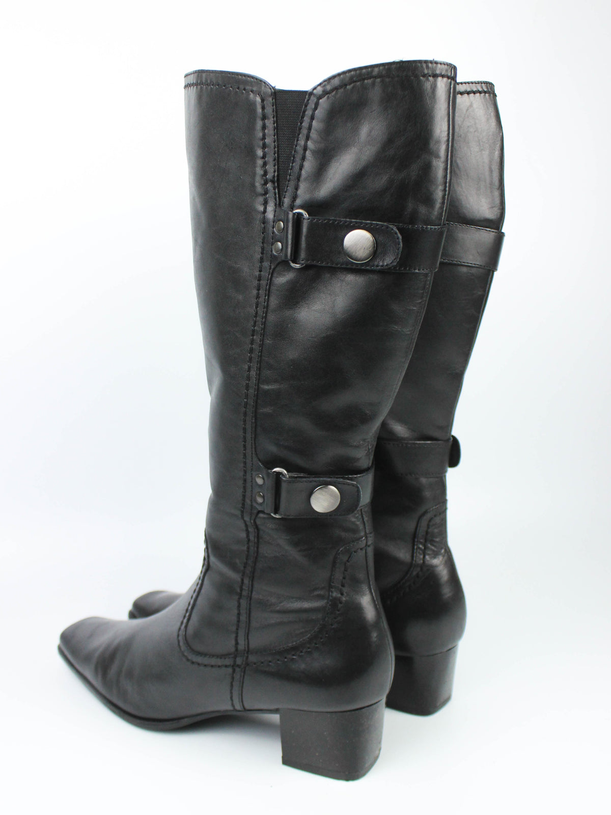 Black Leather Knee-High Boots with Buckle Details
