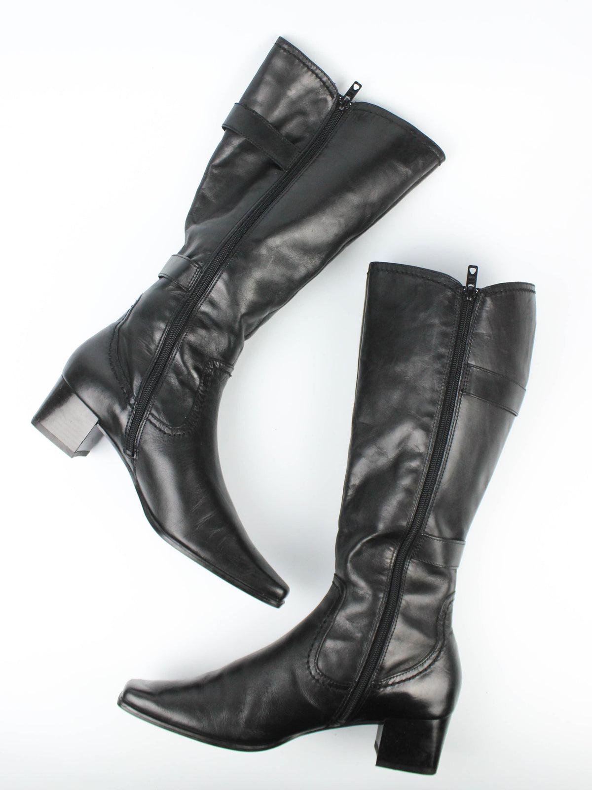 Black Leather Knee-High Boots with Buckle Details