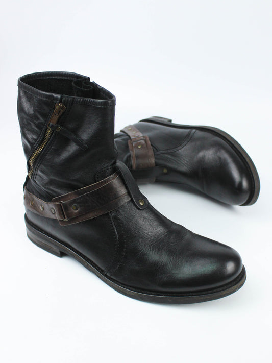 Buffalo Black Leather Buckle Strap Ankle Boots