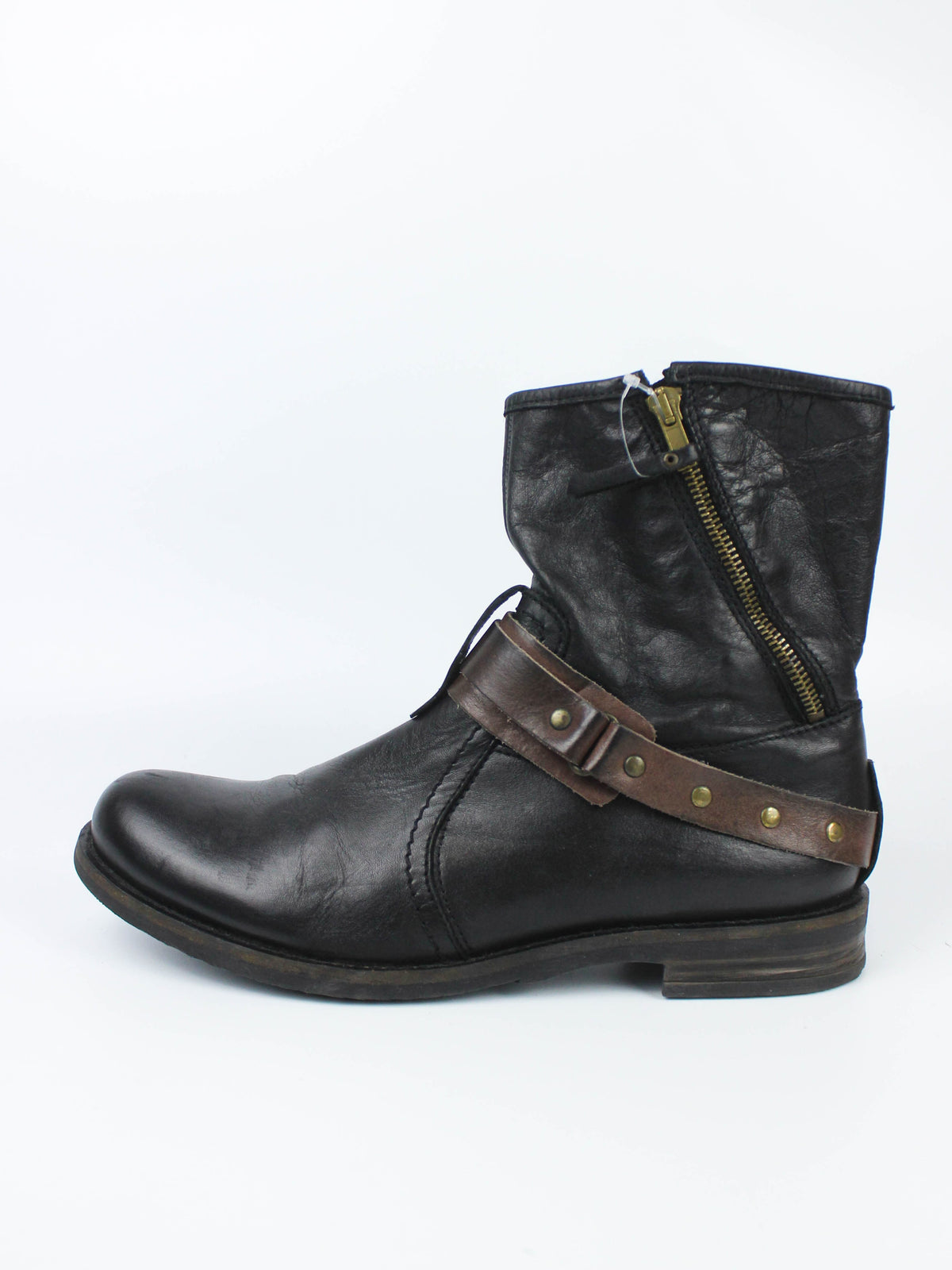 Buffalo Black Leather Buckle Strap Ankle Boots