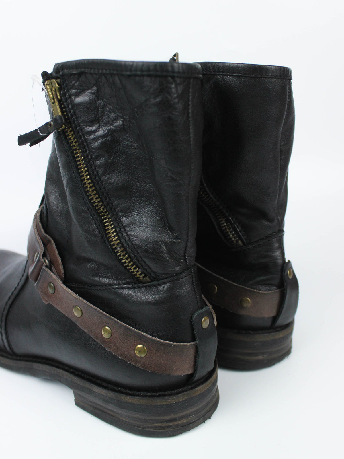 Buffalo Black Leather Buckle Strap Ankle Boots